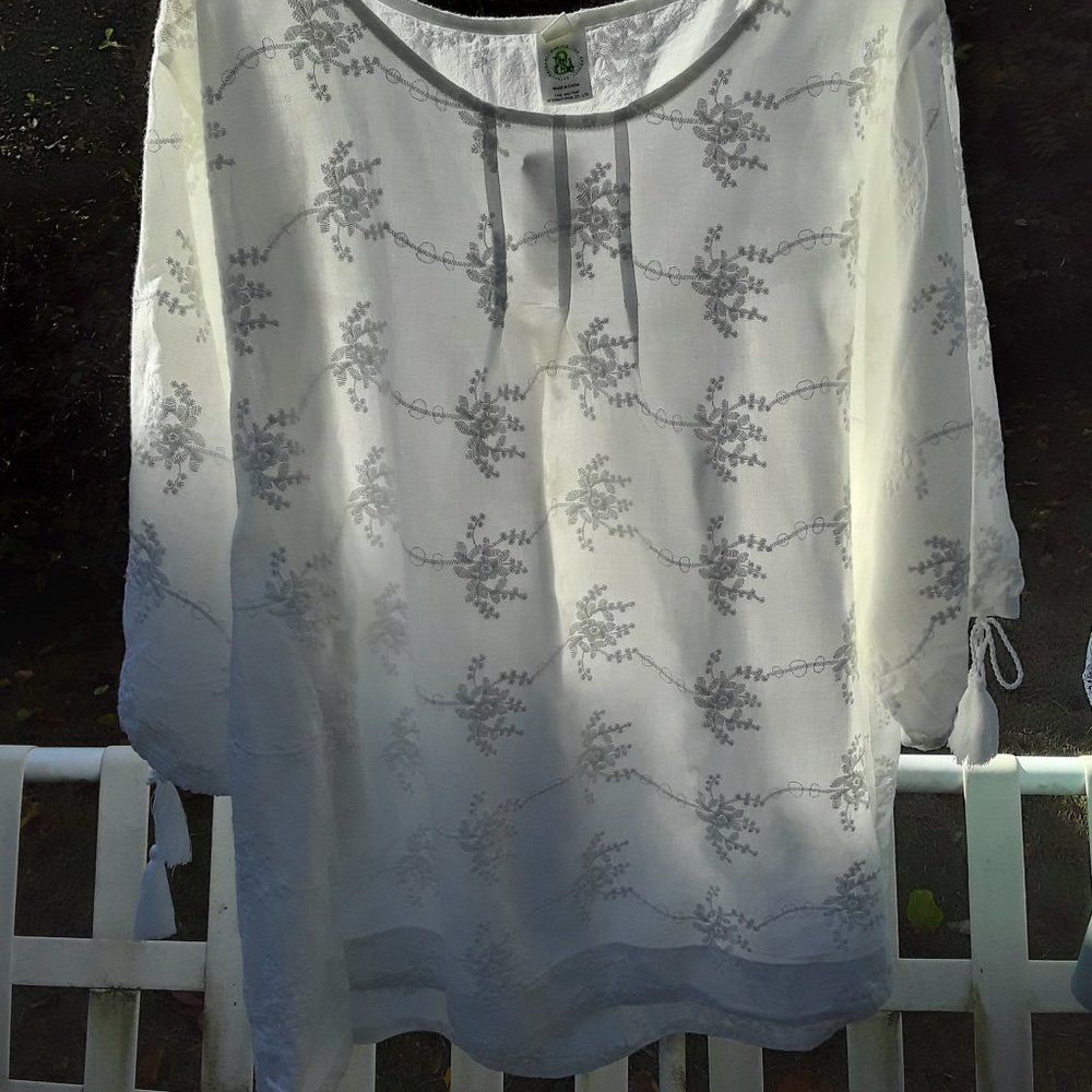 This and That Designer White Sheer Blouse with tie tassel sleeves New CL